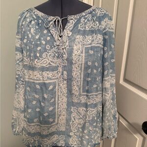 Vintage America Blue Tie Front Blouse paisley 100%Lyocell Sz L